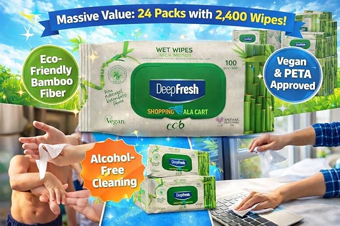 ShoppingAlaCart Multi-Purpose Cleaning Wet Wipes, 12 Pack (1,200 Total Wipes), Bamboo Fiber Surface Cleaner, Pop-Top Lid, Resealable