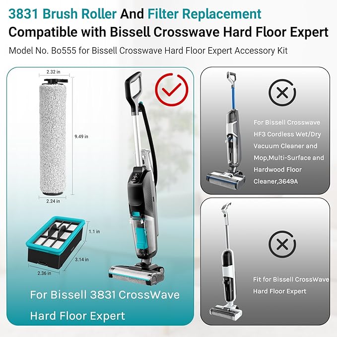 3831 Replacement Brushes and Filters for Bissell Crosswave Hard Floor Expert Vacuum 3831 HF2 3845 3847 3848, for Bissell Crosswave Replacement Parts, Accessory Kit No. B0555, 1637755, 1632973