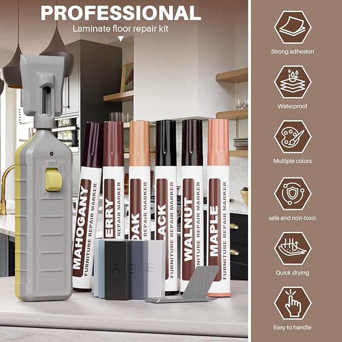 6 Colors Laminate Floor Wax with Wood Furniture Touch Up Marker，Vinyl Laminate Hardwood Floor Repair Kit, Professional Restore Any Scratches, Stains, Cracks, Hole for Floor, Door, Cabinet