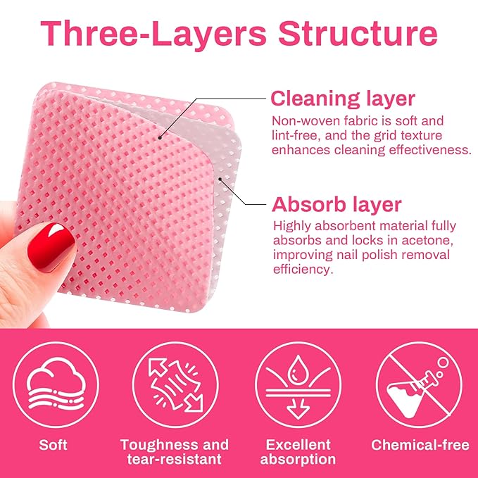 1500 Lint Free Nail Wipes - Nail Polish Remover Pads, Glue or Gel Remove, Use with Acetone or Alcohol, Eyelash Brush & Nail Art Brushes Cleaning, Nail Art Supplies, Nail Stuff for Techs, Pink