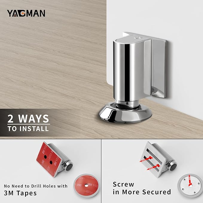 3 Pack Magnetic Door Stopper, Magnet Floor Door Stop Retractable, Door Magnetic Catch, Door Holder to Keep Door Open, No Drilling Mount with Adhesive, Polished Chrome PC-3