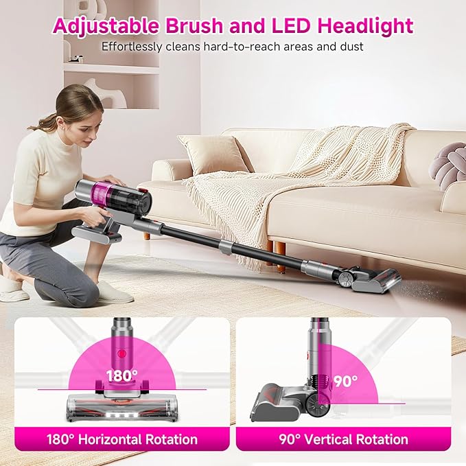 Cordless Vacuum Cleaner: 40KPA Powerful Suction Cordless Stick Vacuum Cleaners for Home, Anti-Tangle Brush, Lightweight, 6-in-1 Rechargeable Vacuum for Pet Hair/Carpet/Hard Floor(Purple)
