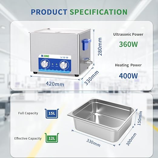DK SONIC Ultrasonic Cleaner,15L 360W Sonic Cleaner with Heater&Mechanical Timer,Ultrasonic Carburetor Cleaner for Cleaning Gun,Engine,Carburetors,Chains(Include Basket)