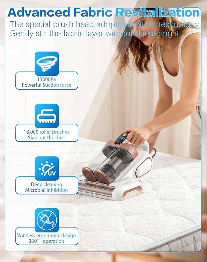 Cordless Double-Cup Mattress Vacuum Cleaner, 13kpa Suction 273nm UV-C Light, 80000 RPM/Min Brushroll Rotation, USB Rechargeable Handheld Vacuum for for Mattress & Upholstery (Blue)