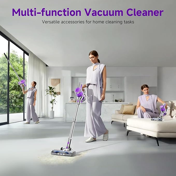 Cordless Vacuum Cleaner, 38Kpa Vacuum Cleaners for Home, 60Mins Lightweight Stick Vacuum with LED Display, Anti-Tangle & Wall Mount , 8 in 1 Lightweight Vacuum for Hard Floors Carpet Pet Hair,Purple