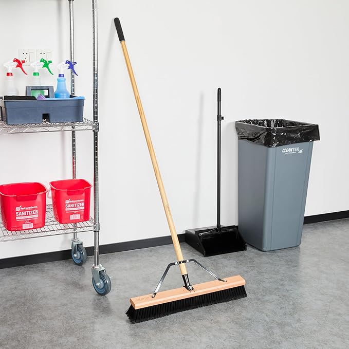Restaurantware-Clean Tek Professional 24 Inch Push Broom, 1 Heavy-Duty Broom with 60â€ Handle - Fine Plastic Bristles, Durable, Wooden, Commercial Use, for Deck, Driveway, Garage, Yard, Patio