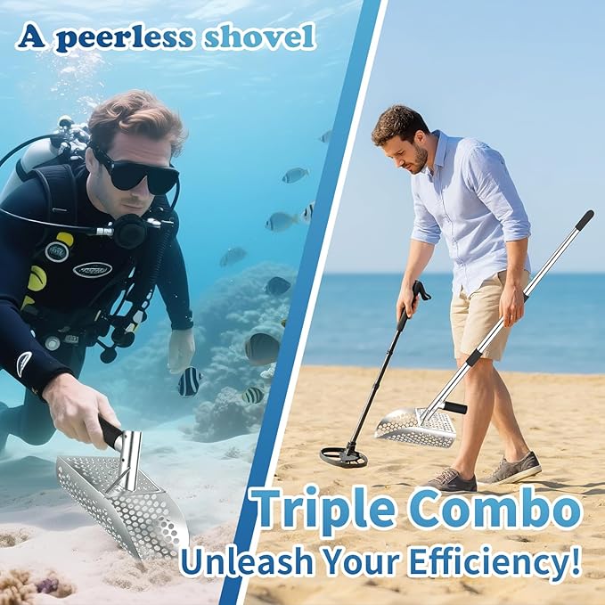 Long Handle Sand Scoop,with Metal Detector Pinpotiner,Stainless Steel Beach Metal Detecting Shovel for Adults, Ideal for Underwater Treasure Hunting,Beach Sifting，Excavation Tools