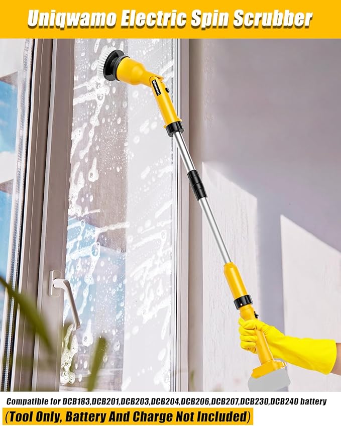 Electric Spin Scrubber Compatible for DeWalt 20V Battery(Battery NOT Included), 1000 RPM Battery Powered Scrubber with Adjustable Extension Arm & 8 Brushes & Hook Gloves for Tub/Tile/Floor