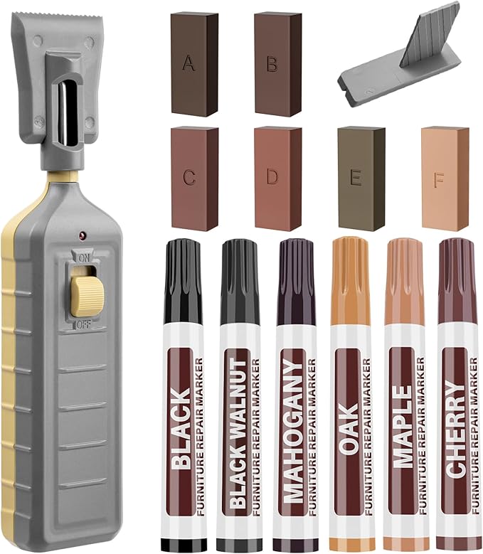 Laminate Floor Repair Kit with Heat Pen, 6 Color Wood Vinyl Floor Furniture Repair Kit Linoleum Repair Hard Wax Touch Up Marker Cover Scratches, Stains, Cracks, Holes for Door, Cabinet, Table