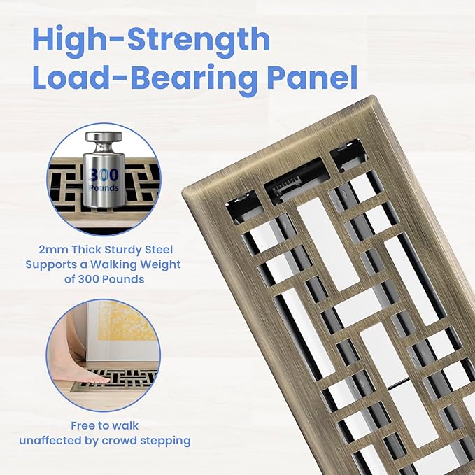 4x12 Inches Heavy Duty Walkable Floor Register Easy Adjust Air Supply Lever Floor Vents - Seattle Design - Vent Cover for Home Floor - Antique Brass
