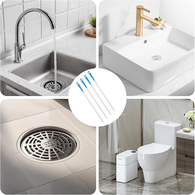 4 Pack Flexible Drain Cleaning Brush, Sink Pipe Cleaners Drain Clog Remover Tool with Nylon Bristles Rust-Resistant Sink Unblocker Tool for Toilet Kitchen Shower Sewer Tub