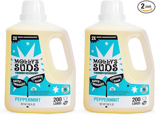 Molly's Suds Liquid Laundry Detergent | Clean Laundry Detergent Soap for Sensitive Skin | 2x Concentrated, High Efficiency (HE) (Peppermint - 200 Loads) (Pack of 2)