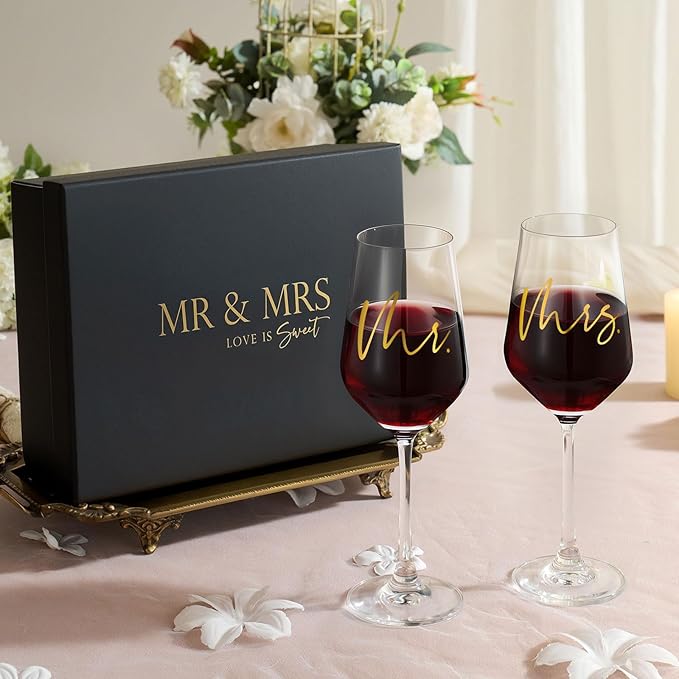 AW BRIDAL Mr and Mrs Wine Glasses Set of 2 for Engagement Bridal Shower, Wedding Gifts for Newlywed Couples 2026, Personalized Anniversary Wine Glass Gift Basket for Bride Groom and Fiance Fiancee