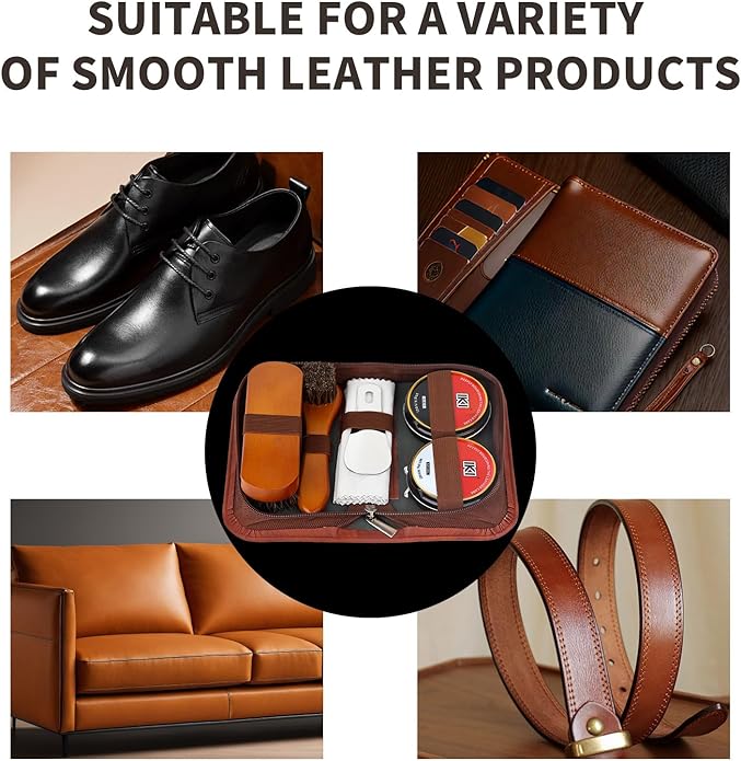 IKI Shoe Shine Polish Kit - 7PCS Leather Boot Care Kit with Black Shoe Polish Horsehair Brush Cloth Shoe Horn for Men