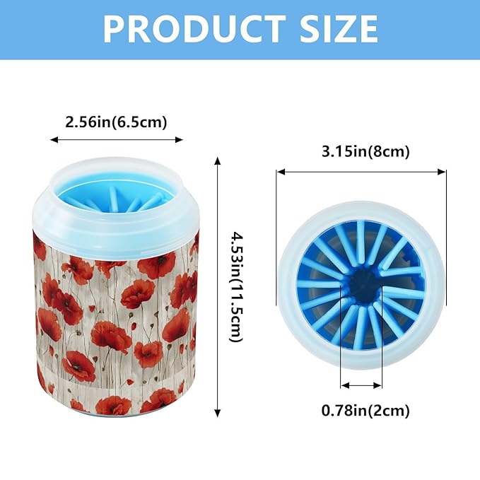 Dog Paw Cleaner Cups for Dogs Pets Foot Washer Paw Scrubber for Medium Small Cats Dogs Cute Cleaning Cup Rustic Red Poppy Flowers
