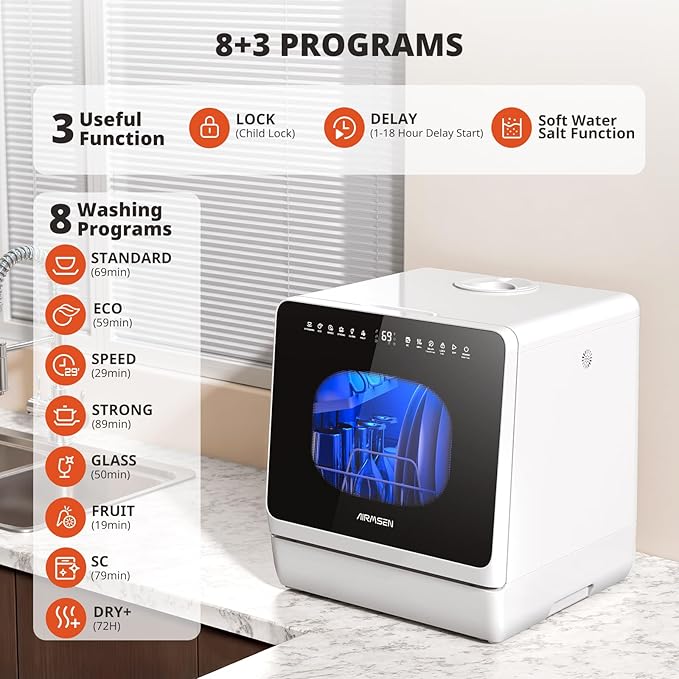 AIRMSEN Countertop Dishwasher - 8 Wash Programs and 3 Useful Function, Integrated Water Softener, Delayed Start, Child Lock, No Hookup Needed, Portable Mini Size for Home, Apartments & RVs