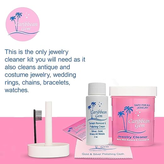 All Purpose Jewelry Cleaner Kit w/8oz Cleaning Solution & Polishing Cream, Basket & Brush - Jewelry Cleaner Kit for Gold, Silver, Diamonds, Rings, Gems & Precious Stones