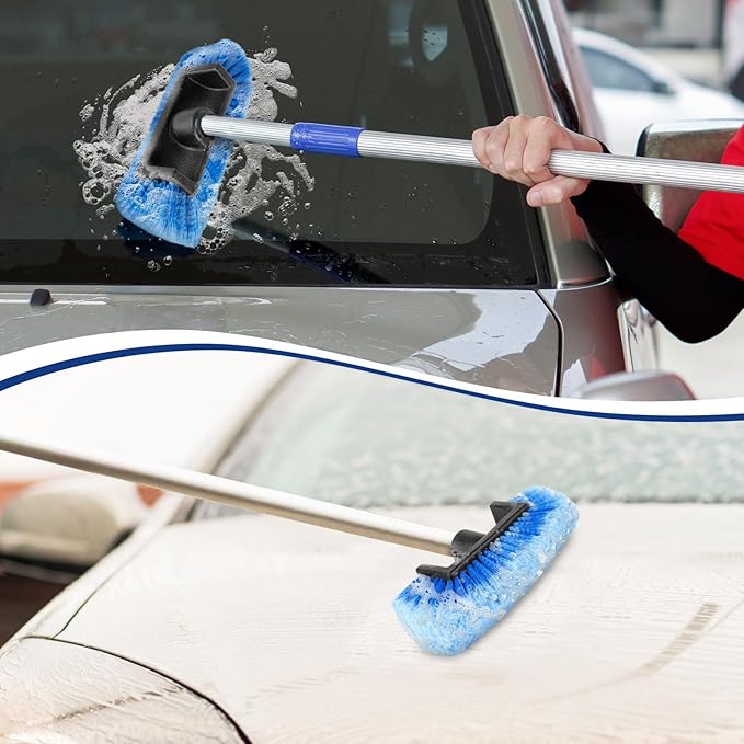 10" Car Wash Brush Head with Soft Bristles - Gentle on Paint, Compatible with Poles, Perfect for Cars, Trucks, RVs, Boats, Decks, and More (Blue)