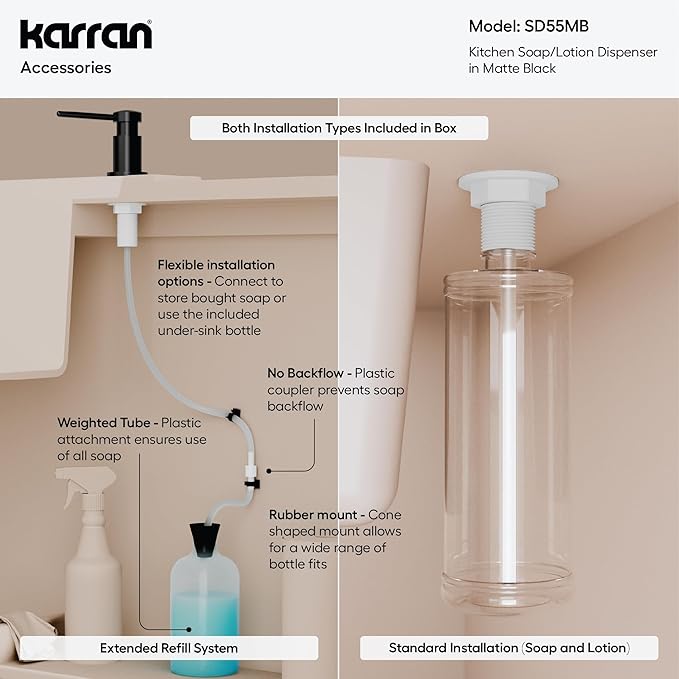 Karran SD55 Kitchen Soap Dispenser – Premium Lead-Free Brass, Dual Refill Options, 47" Undermount Tube for Large Bottles, Self-Priming Pump, Commercial-Grade Durability Matte Black