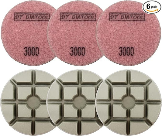 DT-DIATOOL 3 Inch Diamond Polishing Pads, 6pcs #3000 Wet Polishing Hook and Loop Pads for Concrete Countertop