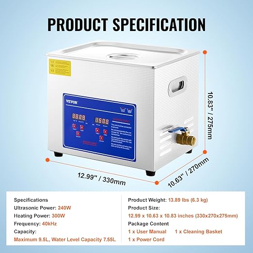 VEVOR 10L Professional Sonic Cleaning, Stainless Steel Industrial Machine with Digital Timer & Heater, Ideal for Jewelry, Dentures, Instruments, and Industrial Parts, 110V, FCC/CE/RoHS Certified