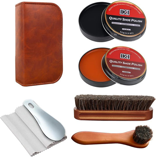 IKI Shoe Shine Polish Kit - 7PCS Leather Boot Care Kit with Black Shoe Polish Horsehair Brush Cloth Shoe Horn for Men