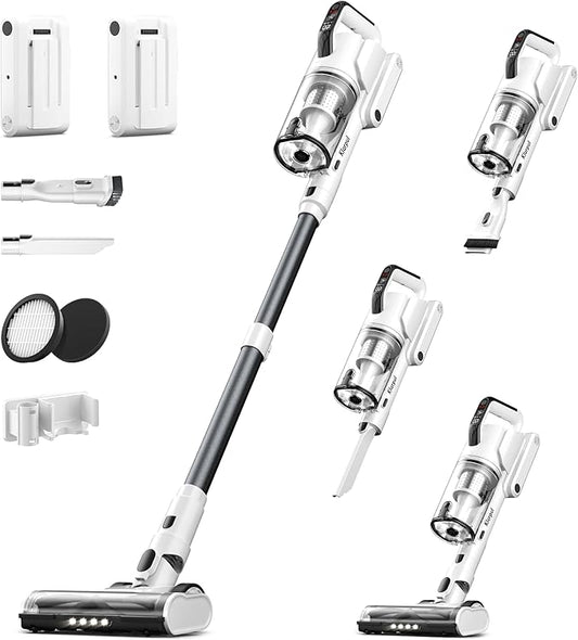 Cordless Vacuum Cleaner, 2 Batteries 140 Mins Runtime 600W 50Kpa Stick Vacuum Cordless, Self-Standing Vacuum Cleaners for Home with 2.5H Fast Charging, for Floor/Carpet/Pet Hair, White