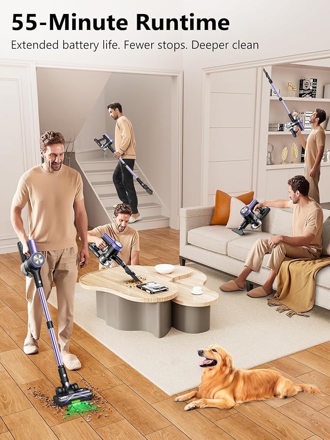 Cordless Vacuum Cleaner, 46KPa/500W Stick Vacuum with 55 Mins Runtime, Self-Standing Vacuum Cleaner for Home, LED Display, Anti-Tangle Brush, Rechargeable Vacuum for Hardwood Floor, Pet Hair (Purple)