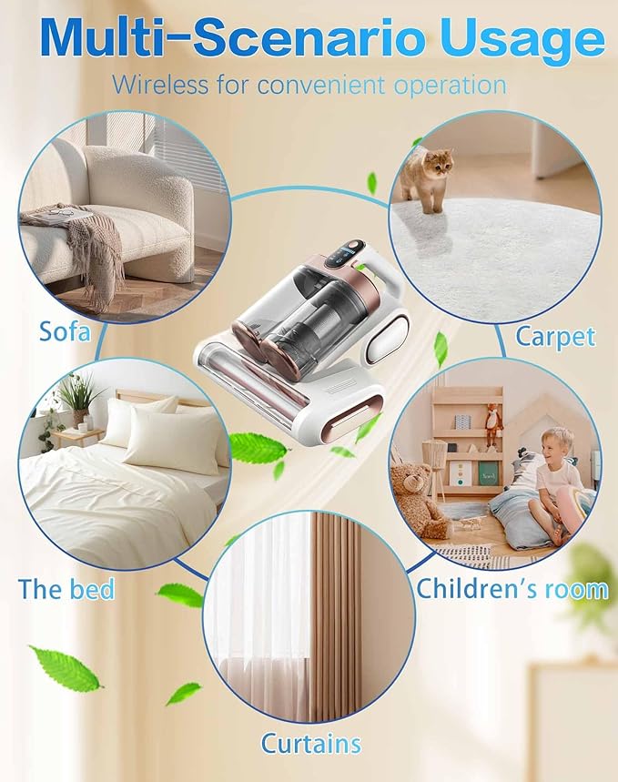 Cordless Double-Cup Mattress Vacuum Cleaner, 13kpa Suction 273nm UV-C Light, 80000 RPM/Min Brushroll Rotation, USB Rechargeable Handheld Vacuum for for Mattress & Upholstery (White)