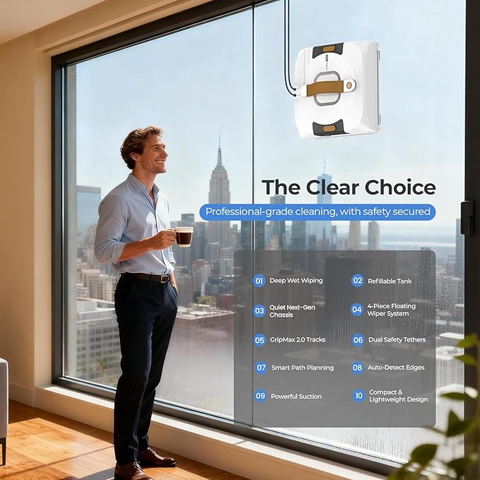 Apical Life Window Cleaning Robot | Low Noise 55dB Smart Glass Cleaner with 3Kpa Suction, Integrated Water Tank, Full Wet Wiping and Anti-Fall Protection for High-Rise Indoor/Outdoor Windows