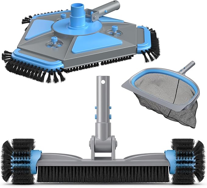 UIRWAY 3-in-1 Deluxe Swimming Pool Cleaning Kit - Includes Upgrade Heavy Duty Triangular Pool Vacuum Head, Detachable Brush, Deep Leaf Skimmer Net Inground & Above Ground Pools Cleaning(No Pole)