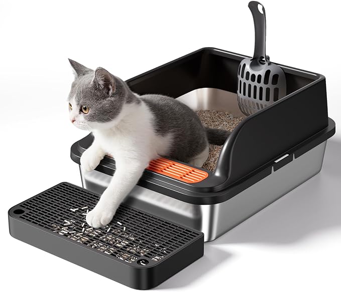 Stainless Steel Cat Litter Box, Metal Kitty Litter Box Includes Litter Mat & Scoop, Easy Cleaning Anti-Scratch Kitty Cat Box Anti-Urine Leakage, Non-Sticky, Perfect for Small Cats, Black