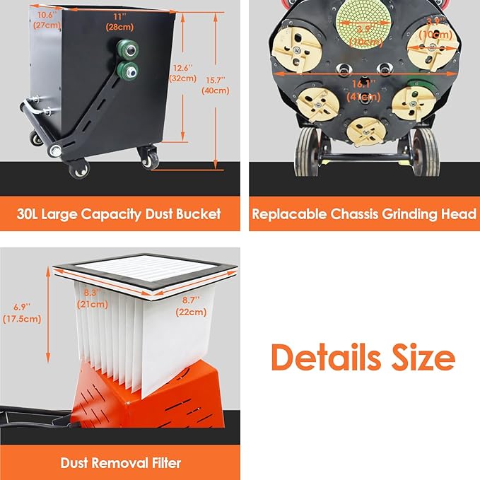 Hand-push Cement Ground Grinder Floor Grinding Polisher Floor Polishing Machine with 6pcs Grinding Heads 30L Dust Bucket for Old Ground Restore 220V