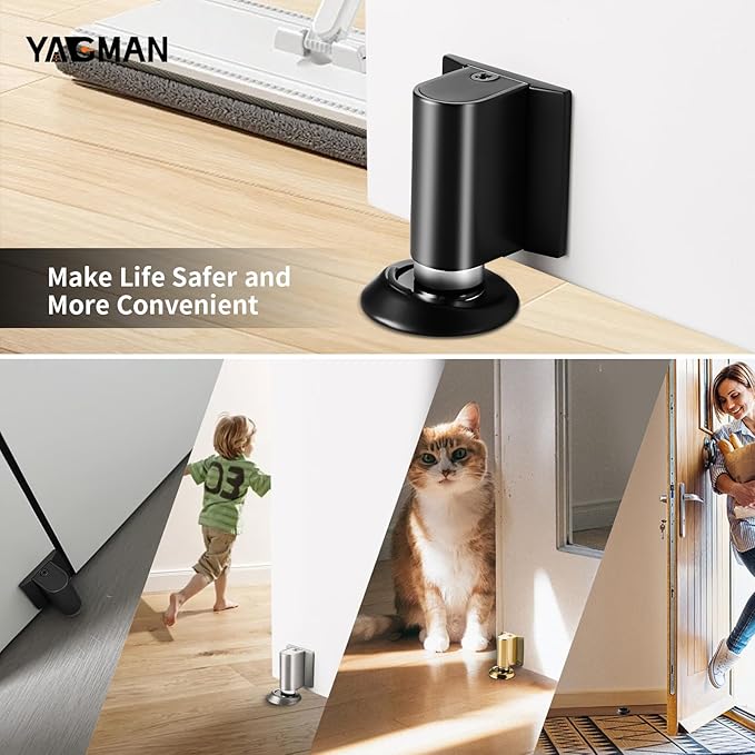 Magnetic Door Stopper, Magnet Floor Door Stop Retractable, Door Magnetic Catch, Door Holder to Keep Door Open, No Drilling Mount with Adhesive, Black 1 Pack MB-1