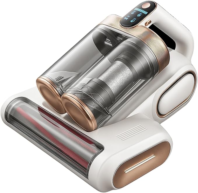 Cordless Double-Cup Mattress Vacuum Cleaner, 13kpa Suction 273nm UV-C Light, 80000 RPM/Min Brushroll Rotation, USB Rechargeable Handheld Vacuum for for Mattress & Upholstery (White)