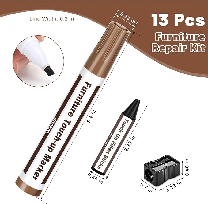 Furniture Repair Kit Wood Markers, 13 Pcs Marker Set and Wax Sticks with Sharpener, 6 Colors Furniture Markers Touch Up for Scratches Stains Holes Bedposts Floors Tables Cabinets Desks