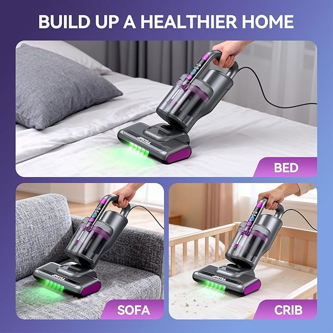 Mattress Vacuum Cleaner, 20Kpa Suction Bed Vacuum Cleaner with 253.7nm UV-C Light, 140°F Heated Air, 30000 RPM Brushroll, 40,000Hz Ultrasonic, HEPA Filter, for Bed, Sofa, 500W Corded(Dark Gray)