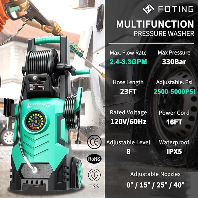 5000PSI with Adjustable Touch Screen 8 Level, 34" Tall, 4 Quick Connect Nozzles,Inlet Hose&Filter&500mlFoam Cannon for Cars/Fences/Driveways,Green