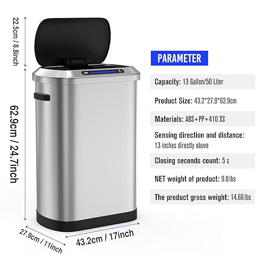 pouseayar 13 Gallon Stainless-Steel Smart Automatic Trash Can with Super Mute Sensor Lid, Silver, 30 Count Garbage Bags