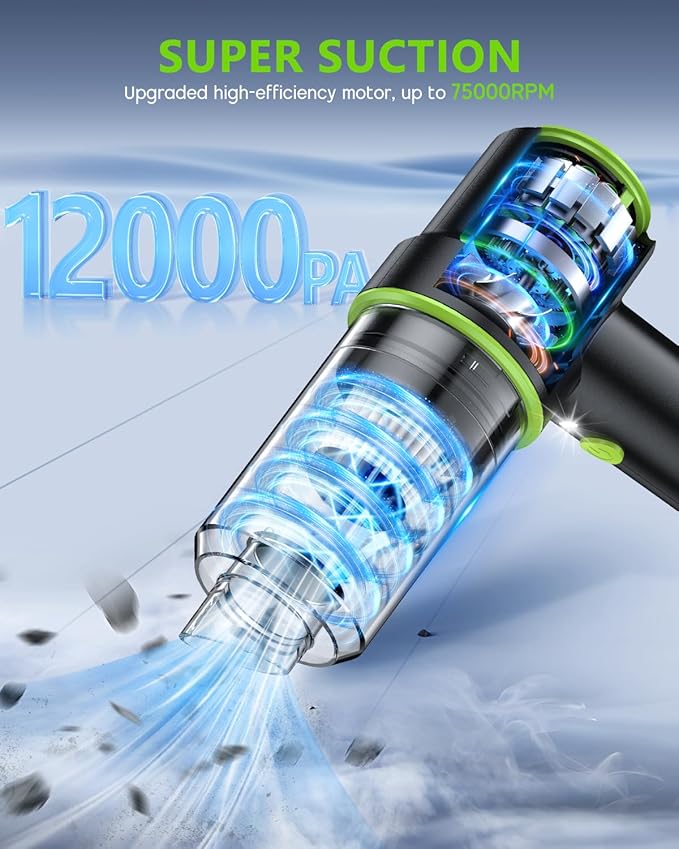 CODN Handheld Car Vacuum Portable Cordless, 2 in 1 Handheld Vacuum Cleaner 12000PA Air Duster with Multi-Nozzles and LED Light, Mini Hand Held Vacuum Rechargeable for Home, Car, Office, Pet Hair