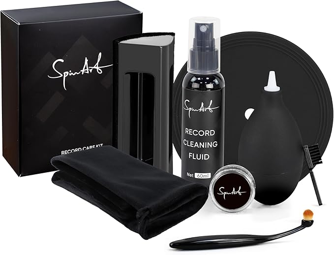 SpinArt Vinyl Record Cleaning Kit, 8-in-1 Record Cleaner Kit with Velvet Brush, Cleaner Liquid, Stylus Brush & Gel, Mini Brush, Air Blower, Label Protector, Pouch Vinyl Cleaning Kit for LP Albums