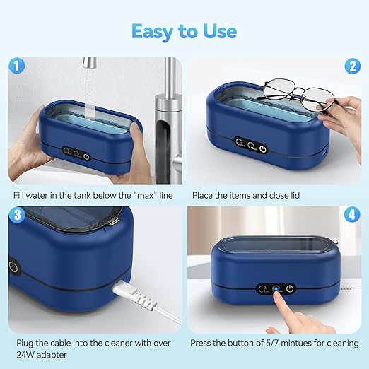 Ultrasonic Jewelry Cleaner, Upgraded 48KHz Jewelry Cleaner Ultrasonic Machine with 304 Stainless Steel Tank for Eyeglasses, Rings, Watch Strap, Dentures, Dual Cleaning Modes - Dark Blue