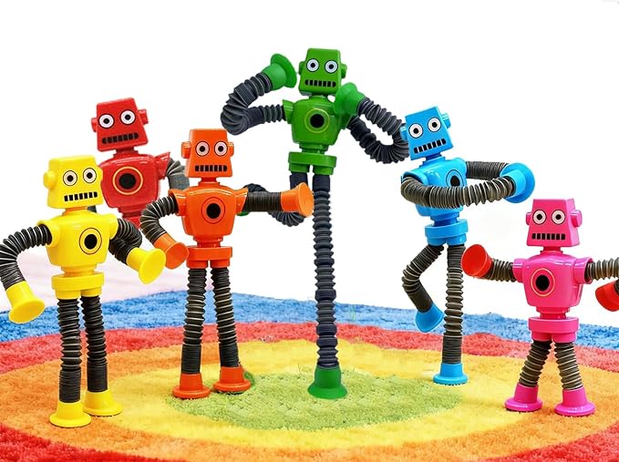 6 PCS Robot Suction Cup Toys Pop Tubes，Stress Relief Fun Robot-Shaped Suction Cup Toys for Ages 3+，Autism Sensory Products,Sensory for Kids with Autism，Christmas Easter