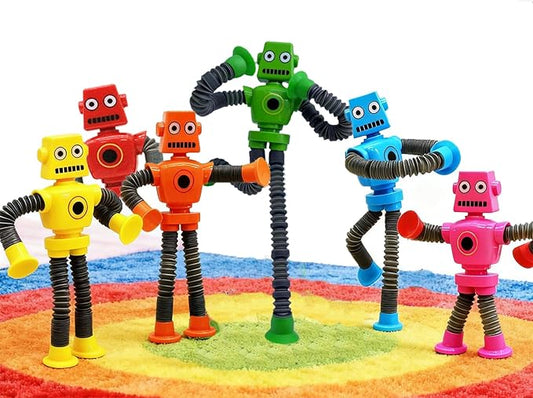 6 PCS Robot Suction Cup Toys Pop Tubes，Stress Relief Fun Robot-Shaped Suction Cup Toys for Ages 3+，Autism Sensory Products,Sensory for Kids with Autism，Christmas Easter
