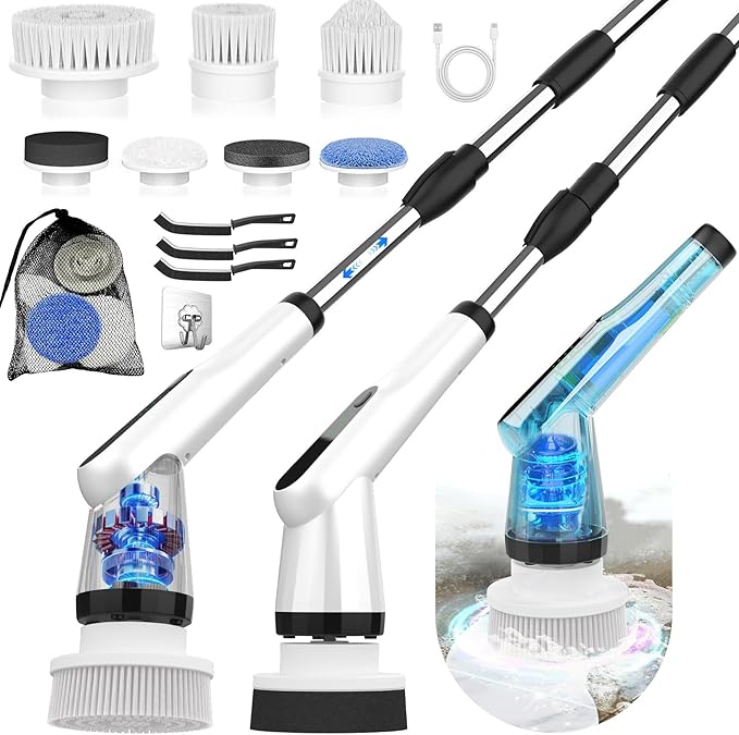 WKY-Electric Spin Scrubber - Upgraded 10-in-1 IPX7 Waterproof Shower Scrubber, Retractable Handle & 2-Speed for Toilet, Bathroom, Bathtub, Tile Floors