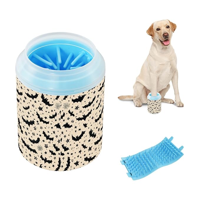 Dog Paw Cleaner Cups for Dogs Pets Foot Washer Paw Scrubber for Medium Small Cats Dogs Cute Cleaning Cup White Halloween Bats Stars