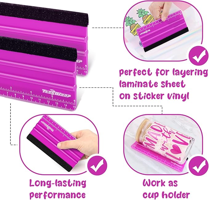 TECKWRAP 2 PCS Professional Plastic Squeegee Tool for Vinyl Decals, Inkjet Vinyl Sticker Paper, and Wallpaper - 6"x2.9", Scratch-Free Application (Pitaya)