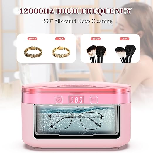 LifeBasis Ultrasonic Jewelry Cleaner, 17 OZ Ultrasonic Cleaner with 42kHz, Portable Jewelry Cleaner with 5 Cleaning Timer and Watch Holder for Jewelry Eyeglasses Watches Gold - Pink