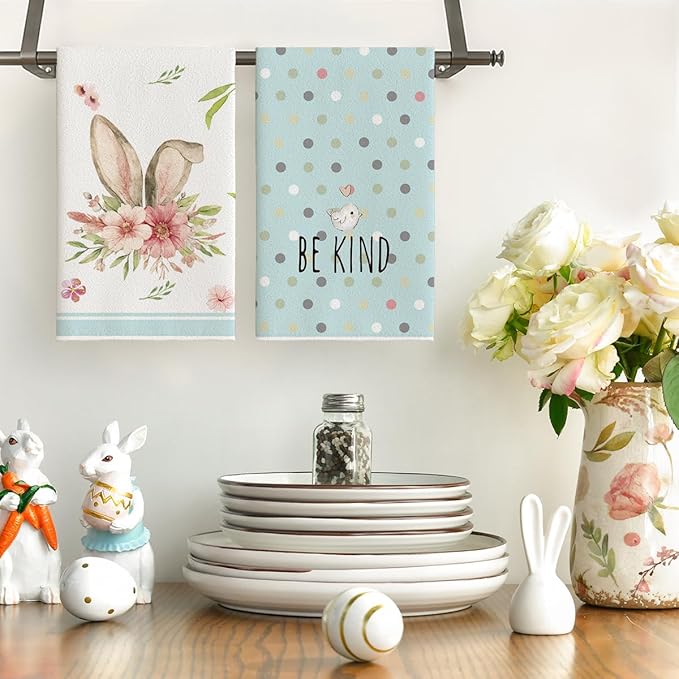 Artoid Mode Light Blue Stripe Polka dots Rabbit Bunny Easter Kitchen Towels Dish Towels, 18x26 Inch Seasonal Spring Decoration Cleaning Set of 4