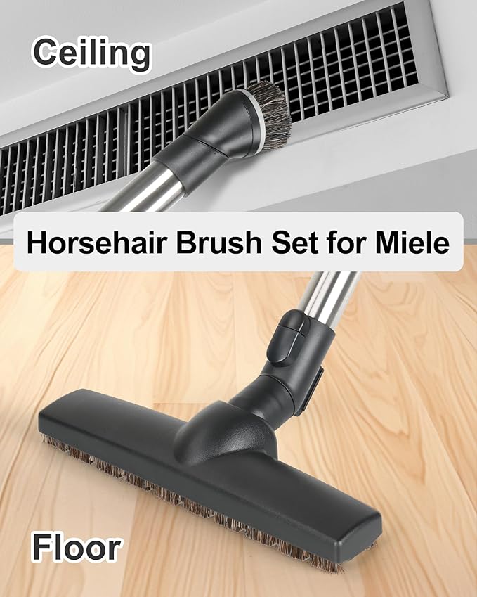 Horse Hair Floorhead for Miele Vacuum Cleaners, 12" Wide Hardwood Floor Brush as Vacuum Attachment Replacement Parts, Soft Bristles Head & Wheels Ideal for Hard Floors Cleaning